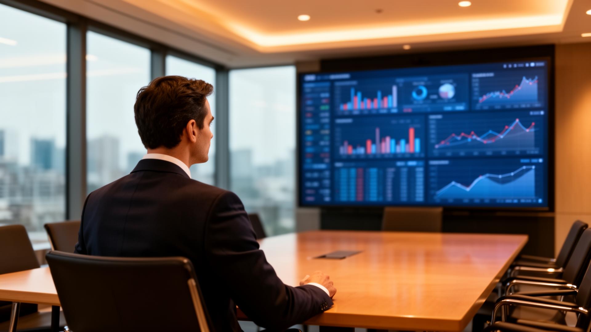 Finance professional analyzing data on large boardroom screen