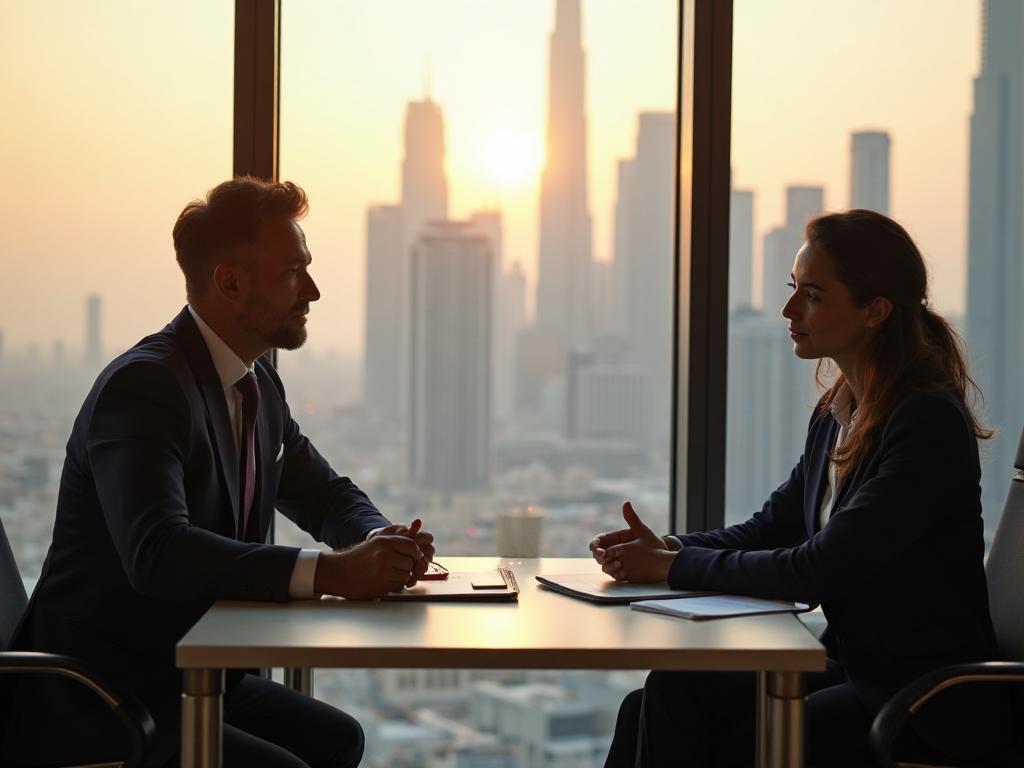 Financial advisor in discussion with client in Dubai office